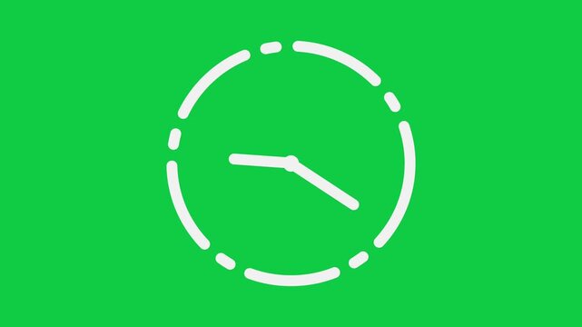 Simple animated vector of a dashed line analog clock with rotating clock hands on a green chroma key background