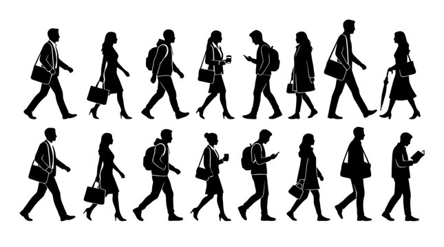 Minimalist white line art human figures in various poses for character design and animation reference, featuring a sequence of ethereal silhouettes and gestures. PNG, Transparent Background
