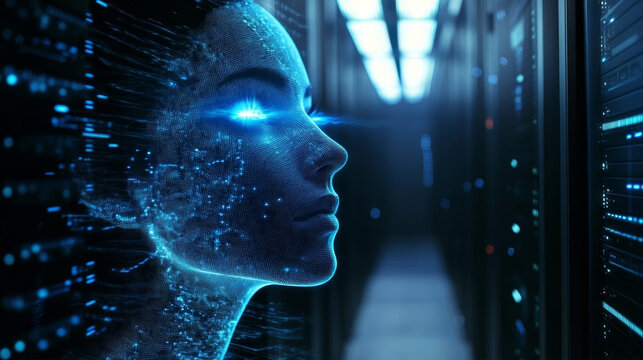 Artificial intelligence digital human profile made of data particles in a server room data center environment