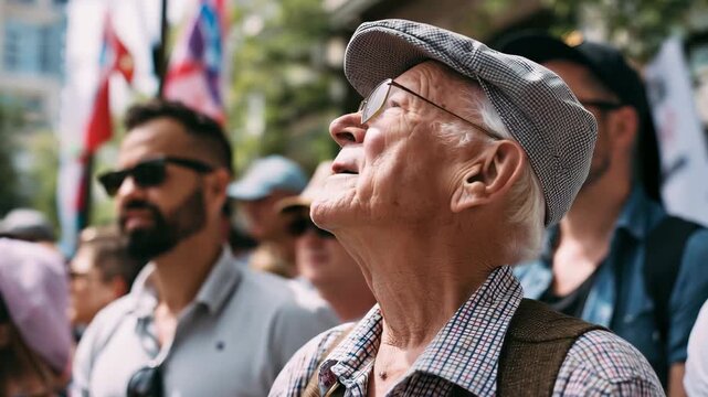 Elderly veteran joins a crowd at a memorial event in the city to honor fellow soldiers and commemorate their service with dignity
