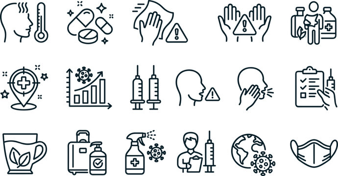 Coronavirus prevention medical healthcare protection and virus safety line icons set for healthcare global presentation