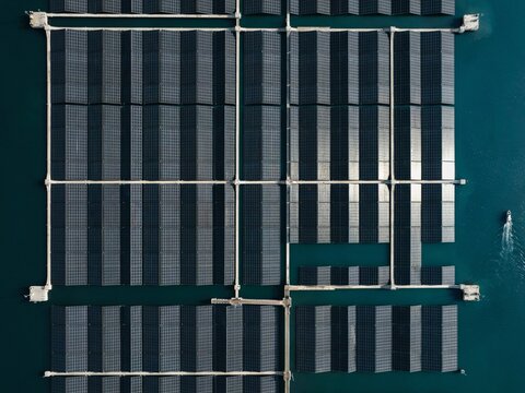 Aerial Top Down View of Floating Solar Panel Farm on Water Reservoir, Renewable Energy,  The Geometric Float voltaic Array