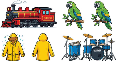 Naklejka premium Cute cartoon vector illustrations set featuring steam train express green parrot raincoat and drum kit on white background.