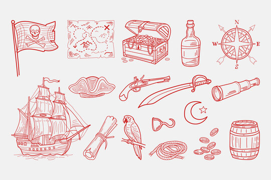 Pirate Adventure Elements Set &ndash; Hand Drawn Vintage Nautical and Treasure Hunt Vector Collection