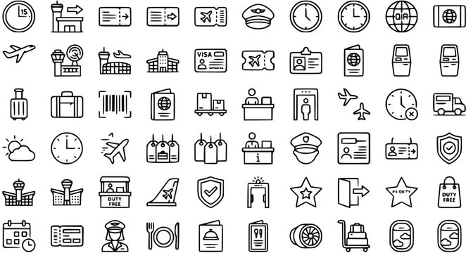 Airport and Aviation Travel Icons Set. Modern Black and White Line Art Outline Symbols Collection for Flight, Journey, and Global Services.