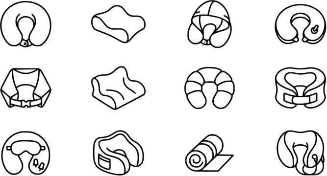 Travel Pillow Icons Set - Neck Support, Comfort, and Sleep Accessories