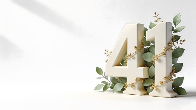 Elegant 3D number 41 decorated with green leaves and gold berries on clean white background, luxury botanical forty one birthday anniversary celebration horizontal banner with copy space