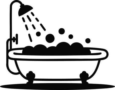 Classic clawfoot bathtub with a showering water and abundant bubbles filling the tub icon vector