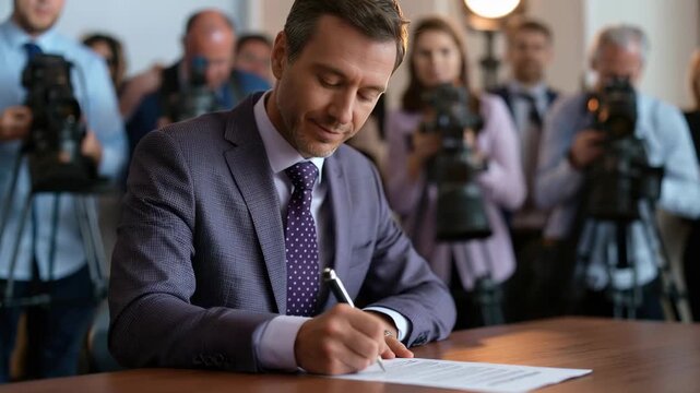 Corporate leaders sign social responsibility pledge during press event to promote sustainable practices in business and community engagement in major city office