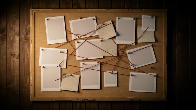A cork board with blank white polaroid connected by red string in a detective investigation style on a dark wooden wall background