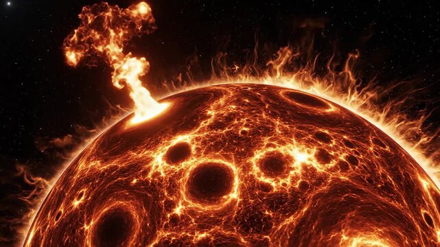 A massive fiery explosion erupts on a glowing lava planet in deep space, showcasing intense heat and volcanic activity.