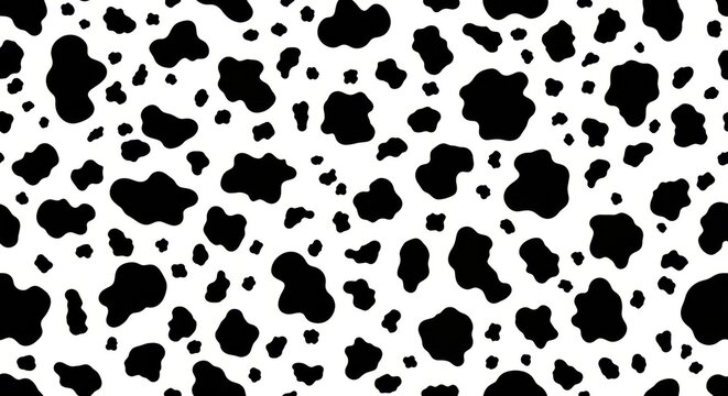 Abstract black and white cowhide pattern seamless texture, featuring classic dairy farm animal print spots.