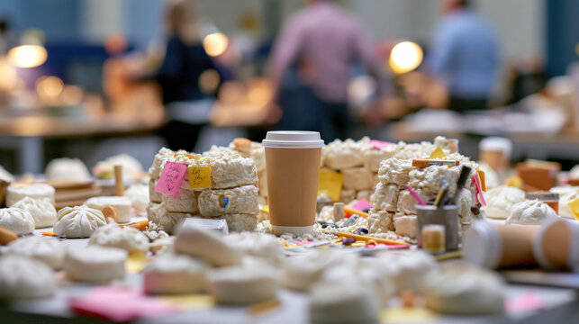 Wide tilt-shift view of steamed buns invading an open-plan office workspace