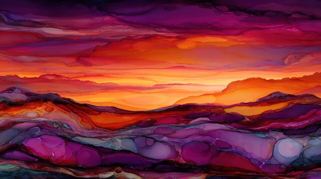 Vibrant abstract layers depict a dramatic, colorful twilight landscape over rolling terrain