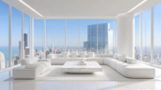 Expansive modern penthouse living area displays a panoramic cityscape view through floor to ceiling windows