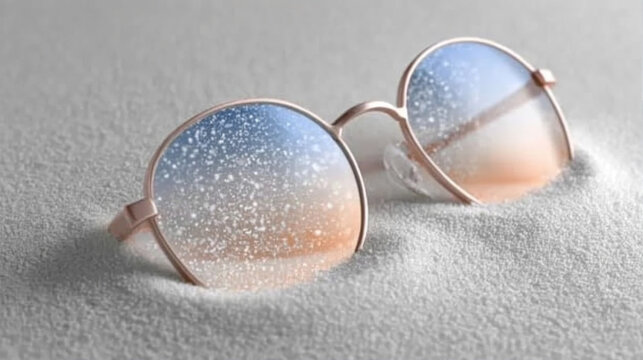 Rose gold sunglasses with starry gradient lenses partially buried in white sand