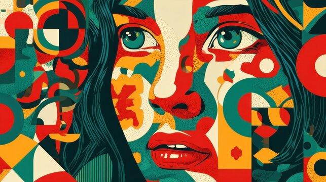 Vibrant abstract portrait composition featuring bold geometric shapes and expressive facial features