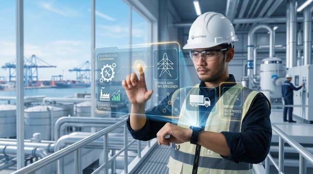 Industrial engineer using holographic interface to monitor power grid efficiency and logistics route optimization in smart factory facility
