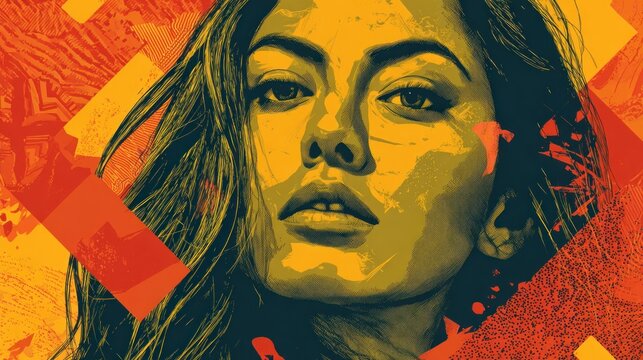 Striking portrait illustration features a woman's intense gaze against a dynamic, abstract background