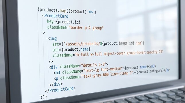 Close up of computer screen displaying React JS code for product card component with Tailwind CSS styling