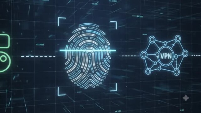 Cyber security, VPN, fingerprint scan, digital protection, futuristic technology