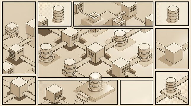 Isometric data network illustration in comic book style featuring interconnected servers and databases.