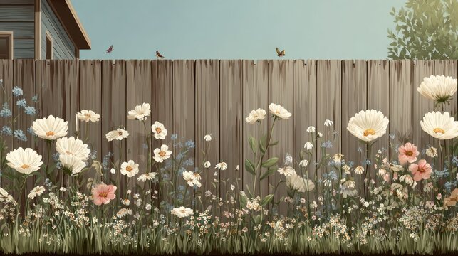 Lush border of white and pink wildflowers grows vibrantly against a weathered wooden barrier under a bright sky