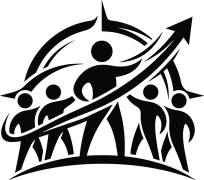 Black and white graphic of a team of people moving upwards with an arrow indicating progress and growth