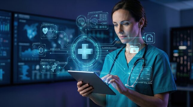 Medical Doctor Using Tablet With Digital Healthcare Data, Patient Vital Stats And Telemedicine Consultation Interface In Modern Hospital Control Room Environment