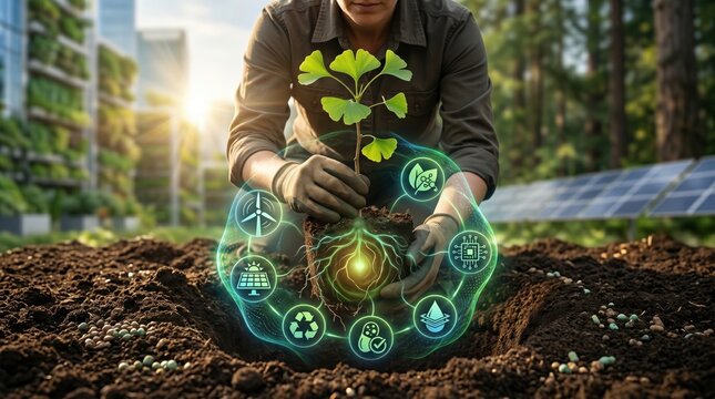 Farmer planting young tree sapling with green energy icons floating around roots