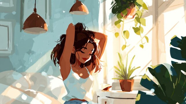 Young woman styles her hair while basking in bright morning sunshine indoors
