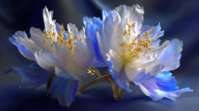 Two luminous, translucent blossoms display delicate white and vibrant blue petals against a deep indigo background.