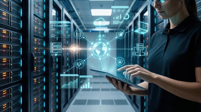 Female IT specialist in server room using tablet to manage cloud computing and data center networks, holographic interface showing analytics and security systems