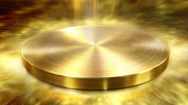 Polished circular pedestal glows with bright golden light against an abstract background