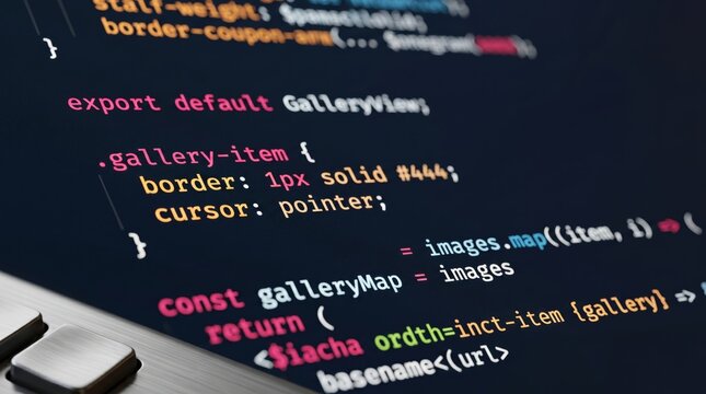 Close up of computer screen displaying javascript code for gallery view component, showing export default function and css styling.