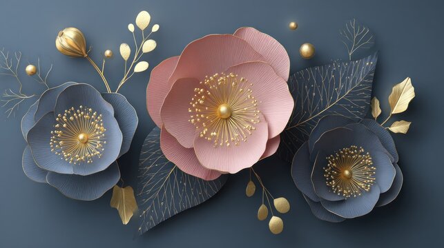 Three dimensional paper craft flowers featuring dusty blue and soft pink blossoms with elaborate gold details against a dark background