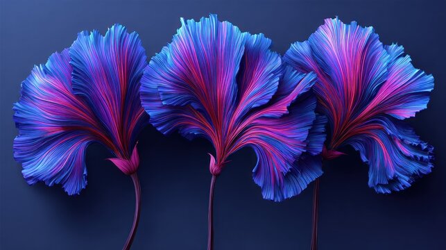 Three stylized floral forms display vibrant blue and magenta striations against a deep indigo background