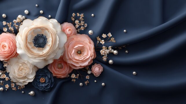 Paper or fabric stylized flowers arranged on luxurious draped material provide elegant background design