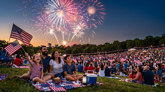 Happy Family Celebrating Fourth of July with Fireworks and American Flags.