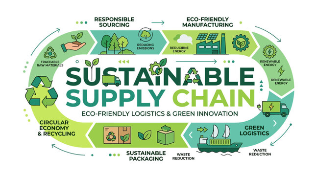 Vector Infographic Illustrating Environmental Logistics & Delivery Operations with Green Business Practices and Recycling
