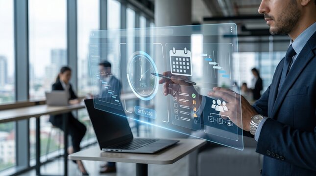 Businessman interacting with futuristic holographic interface, virtual screen showing calendar and charts in modern office