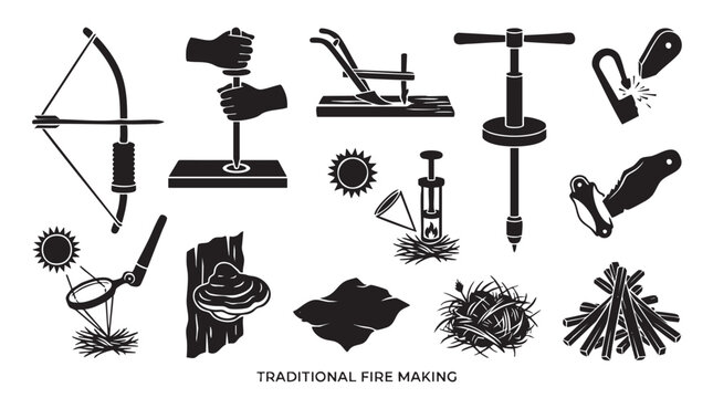 Set of traditional fire making tools and survival methods.