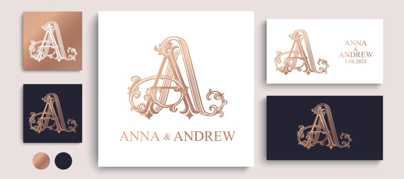 AA wedding crest monogram featuring intertwined decorative letters. Elegant logo design for weddings, invitations and event branding.