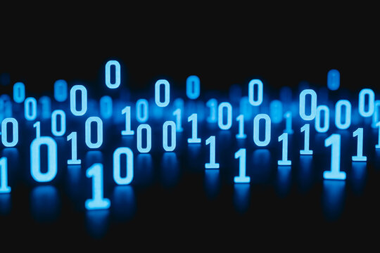 Glowing blue binary digits 0 and 1 arranged on a dark background, representing digital data and technology concepts.
