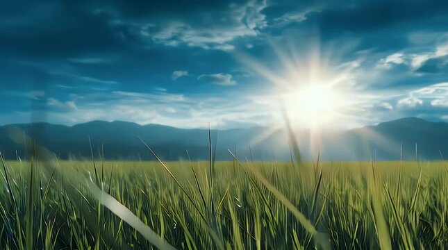 Sunrise Over Green Grass Field with Clouds and Sky