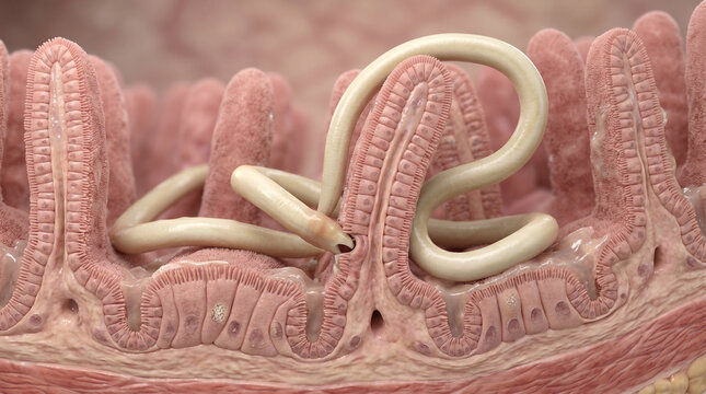 3D Medical Illustration of Parasitic Worms Inside the Human Intestine and Gut Villi