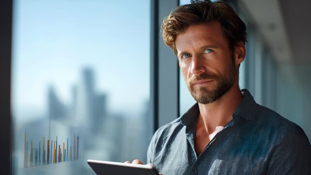 Man concentrating on tablet data review