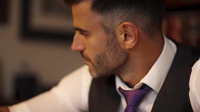 Man concentrating on work indoors