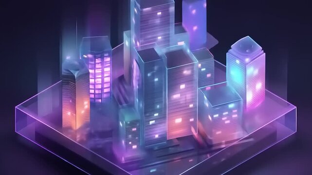 Futuristic city buildings made of transparent glass illuminated with neon hues, resting on a base