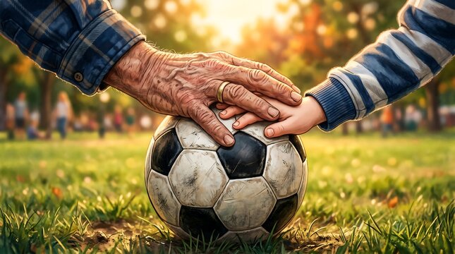 Heartwarming lifestyle illustration depicting teammate hands stacked together over a leather ball on grass